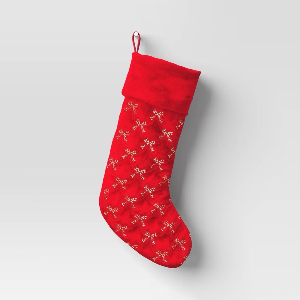 21" nwt Christmas Sequins/Embroidery Bow Velvet Stocking Red